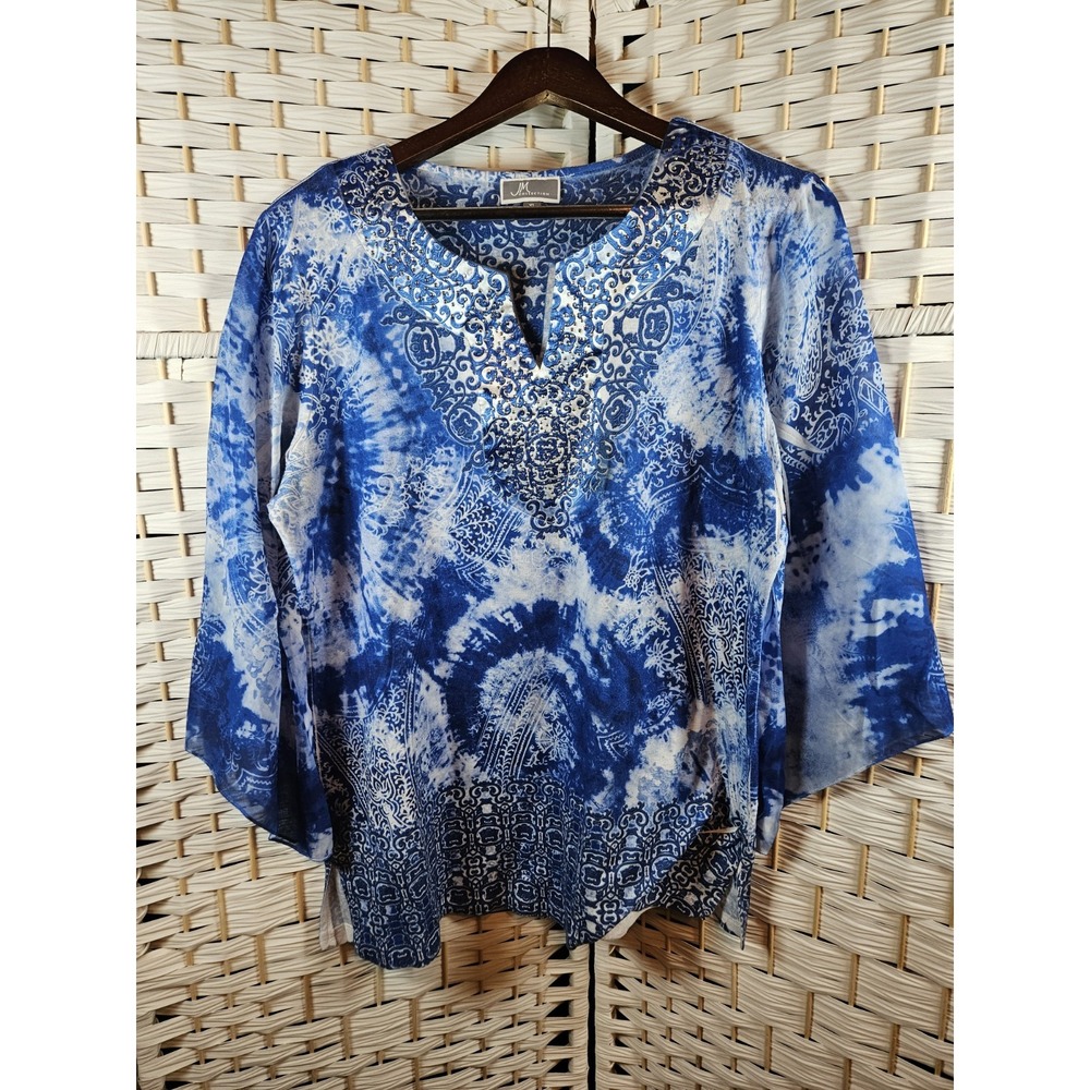 JM Collection Womens Sz XL Blue V Neck Sheer Sleeves Embellished Top Fairy Boho